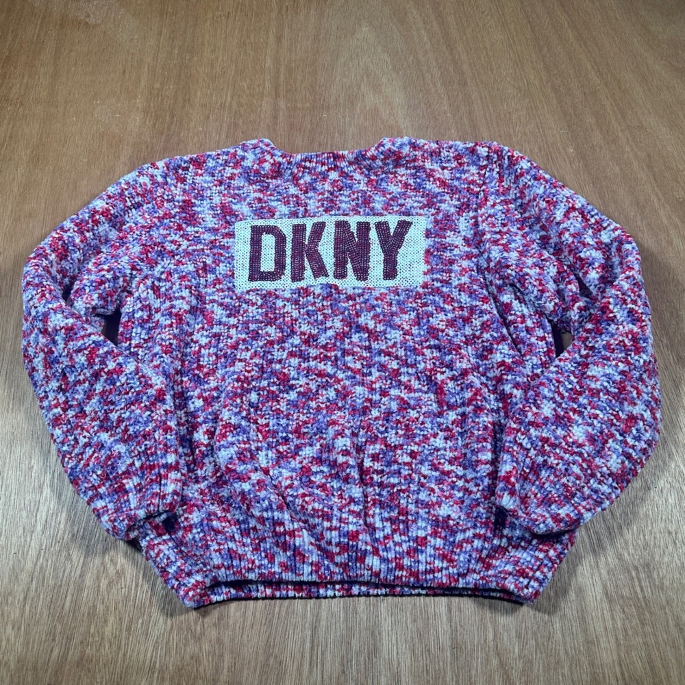 DKNY Sweater Kids 6X Purple Pink Sequin Logo Chenille Knit Pullover Z45306DG
